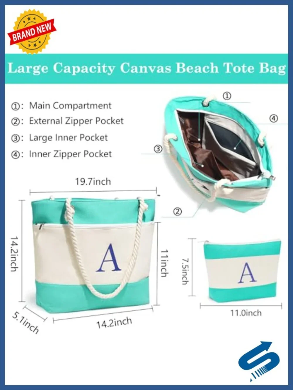 Large Canvas Waterproof Beach Tote with Zipper Closure
